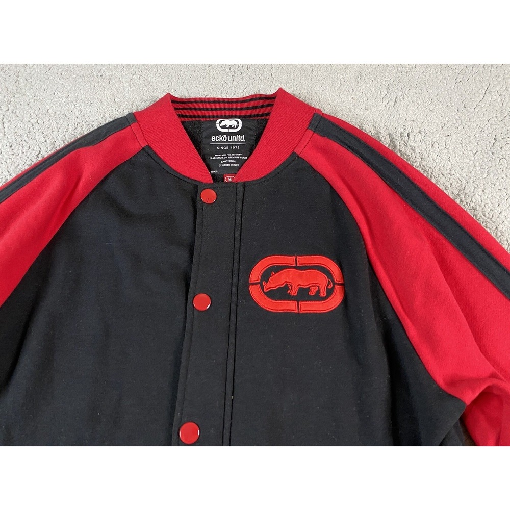 ECKO Jacket Mens Medium Black Red Varsity Snap Button Rhino Urban Streetwear - Picture 2 of 11